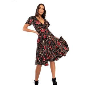 Ho-Oh Pokemon Inspired BlackMilk Midi Dress Floral Print Tie Front Womens  XL NW